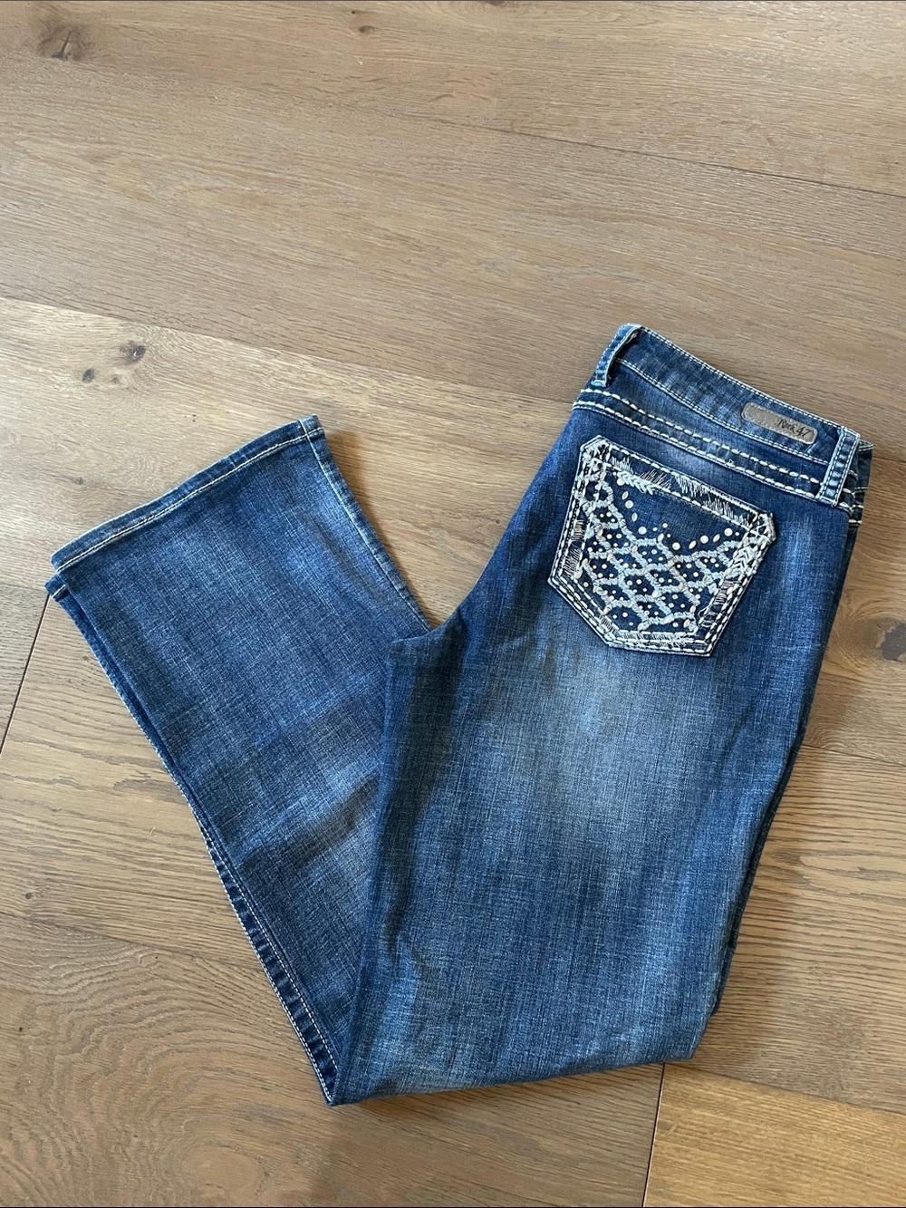 Wrangler Rock 47 Ultra Low Rise Bootcut Jeans Size 32X32 Embroidered/Rhinestones